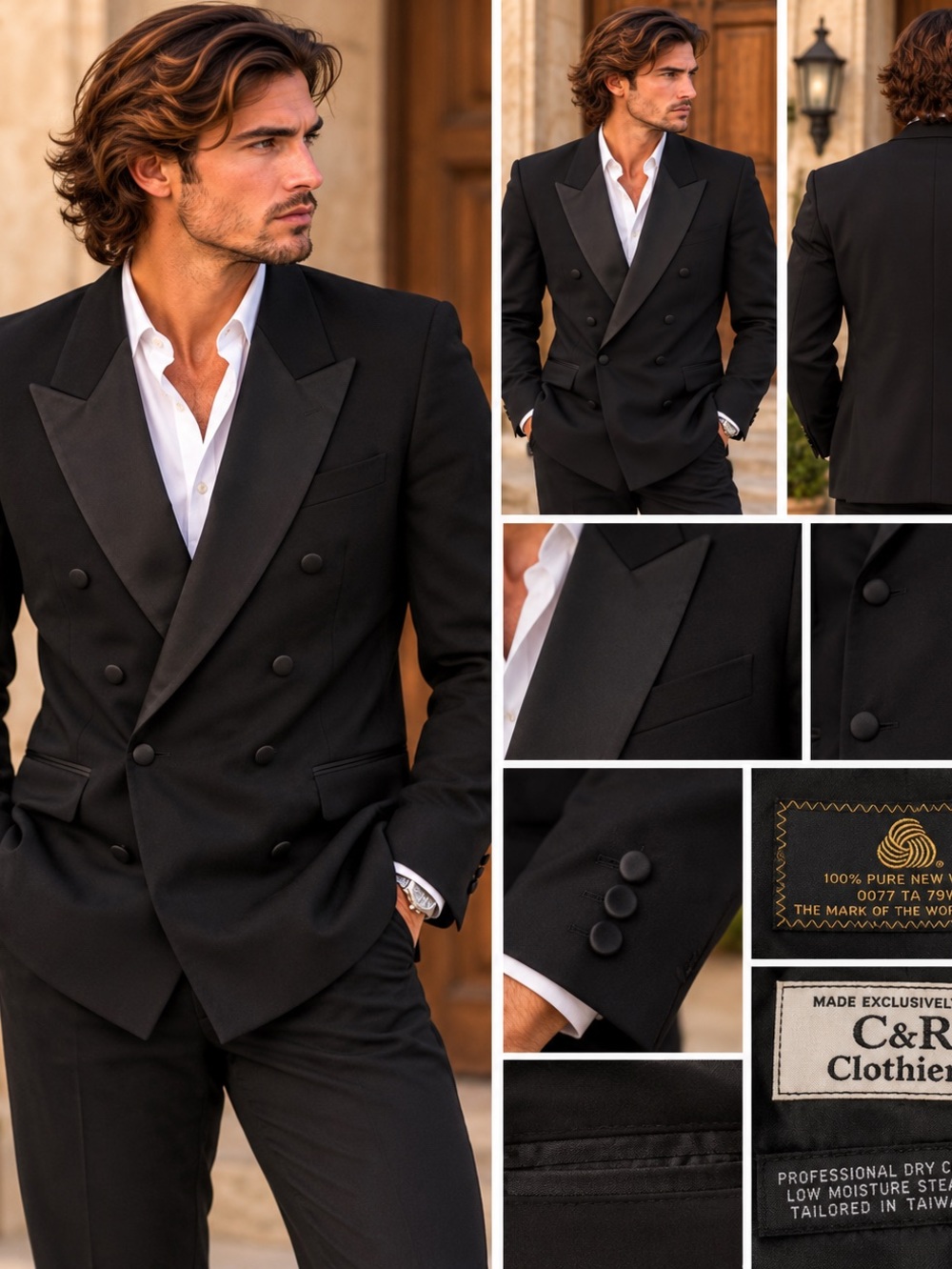 C&R Clothiers Men’s Black 100% Wool Tuxedo Blazer Approx 42R